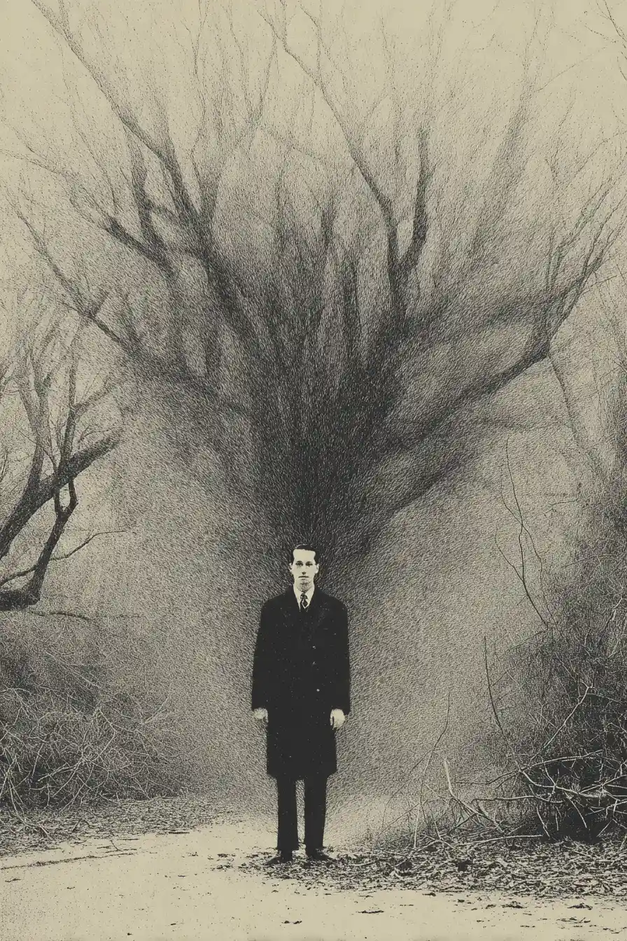Surreal ink drawing of a dark and creepy fantasy world