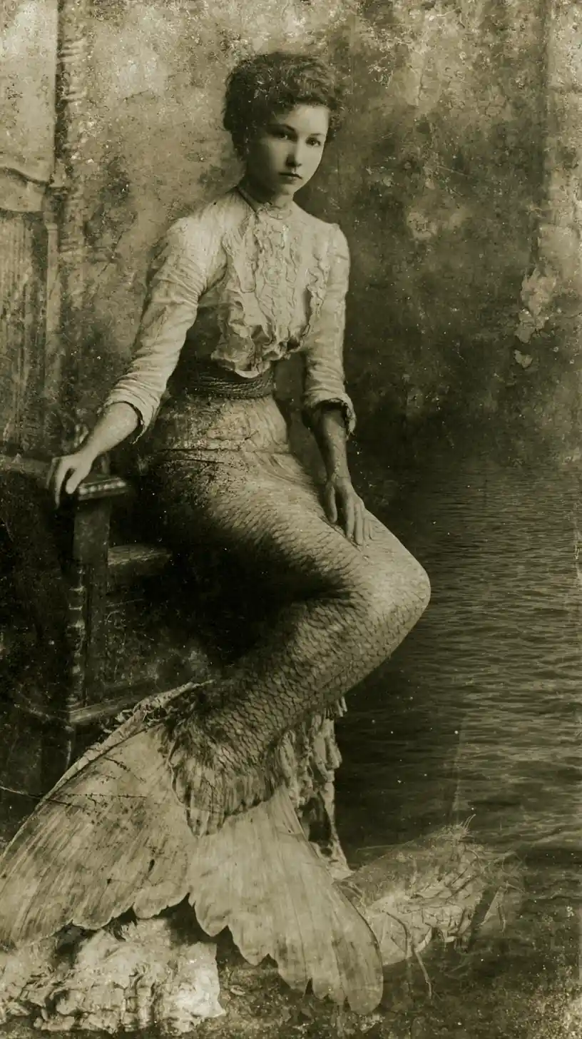 Surreal mermaid in an early twentieth century town street