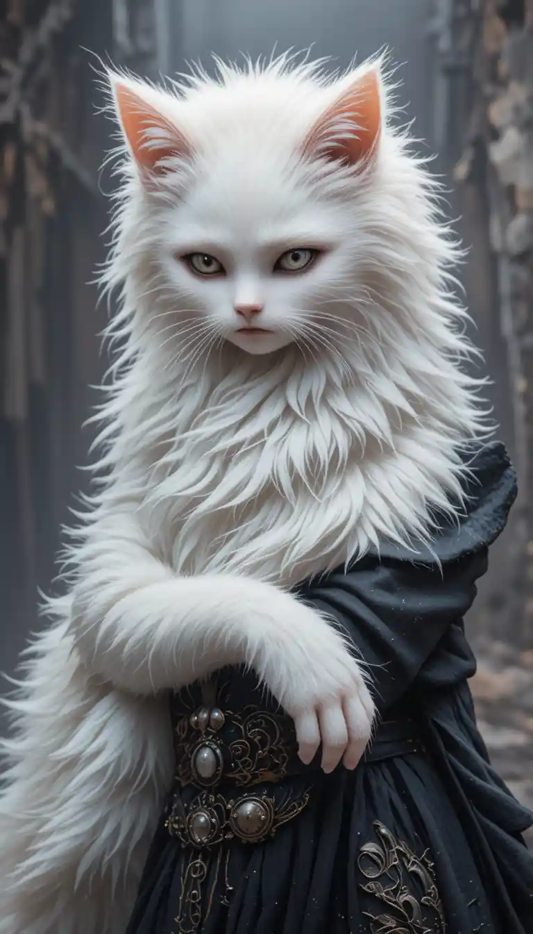 White fluffy male cat in dark villain style scene