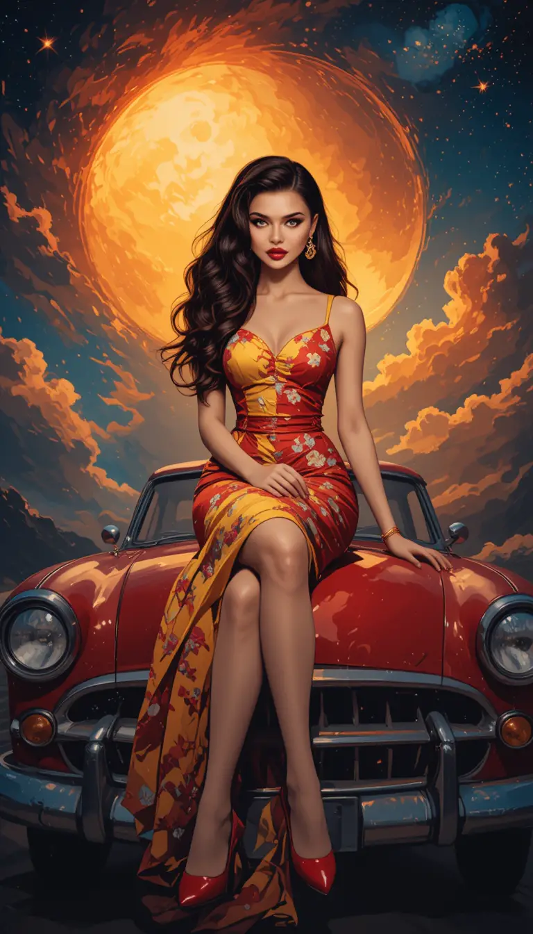 Woman on vintage car beneath surreal split sky