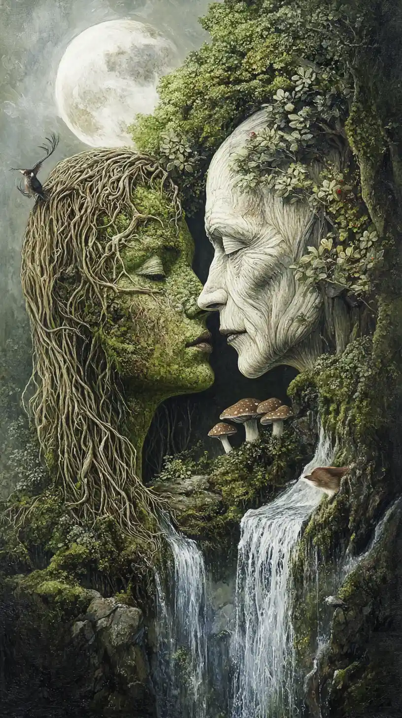 Enchanted Forest Forming Intertwined Human Profiles In Nature