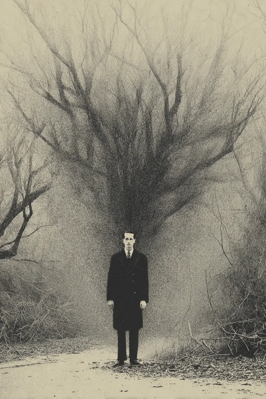 Dibujo surrealista a tinta de un mundo de fantasía oscuro y aterrador