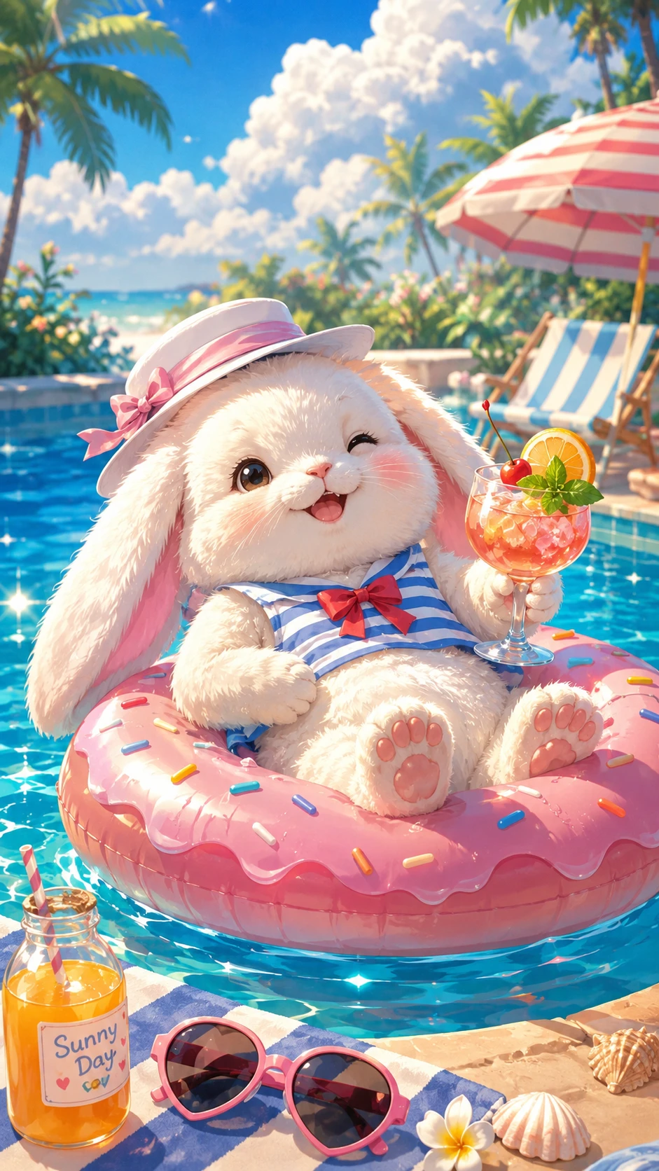 Conejito marinero tierno relajándose en una piscina soleada