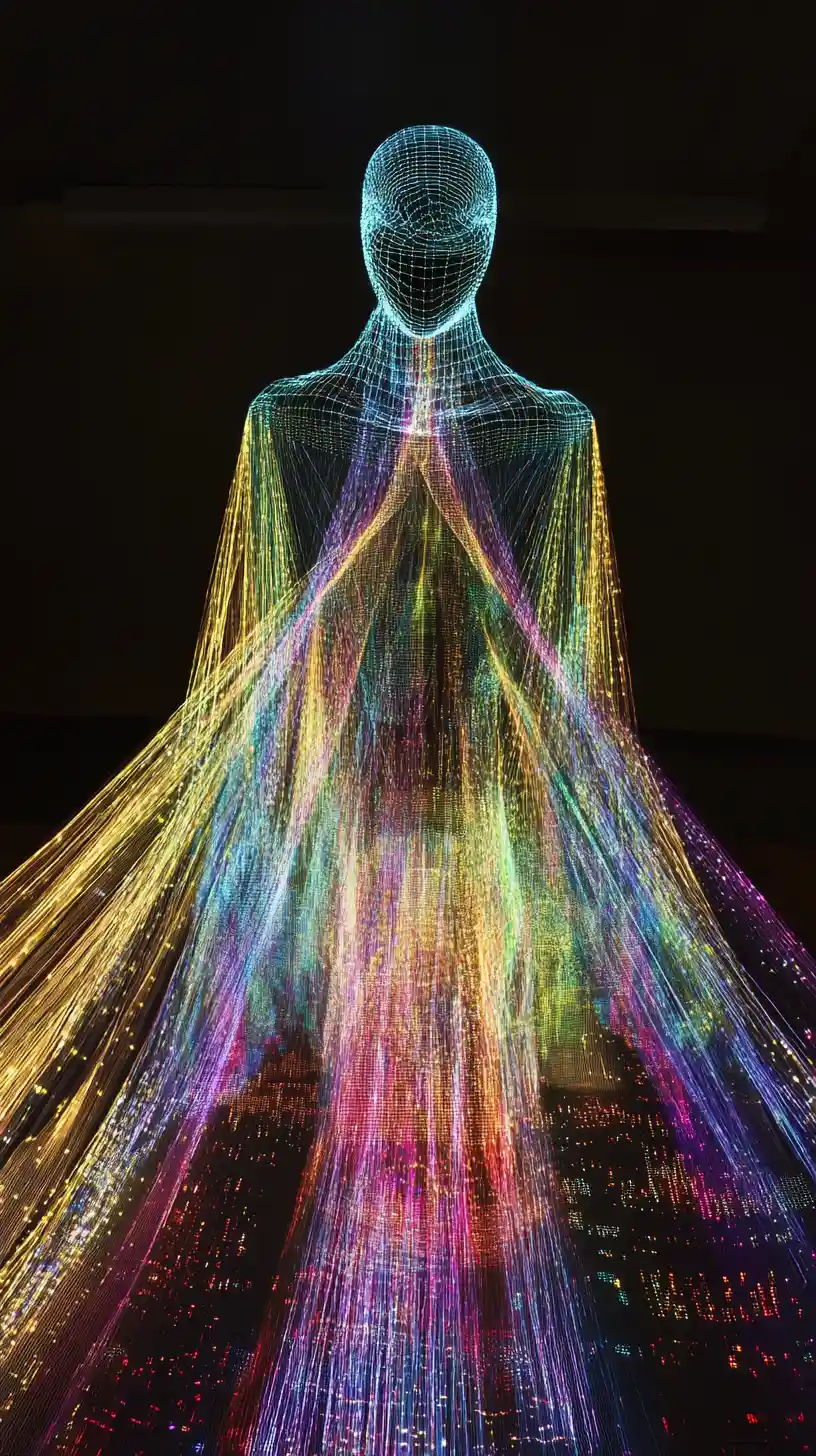 Celestial being weaving glowing threads of shifting reality