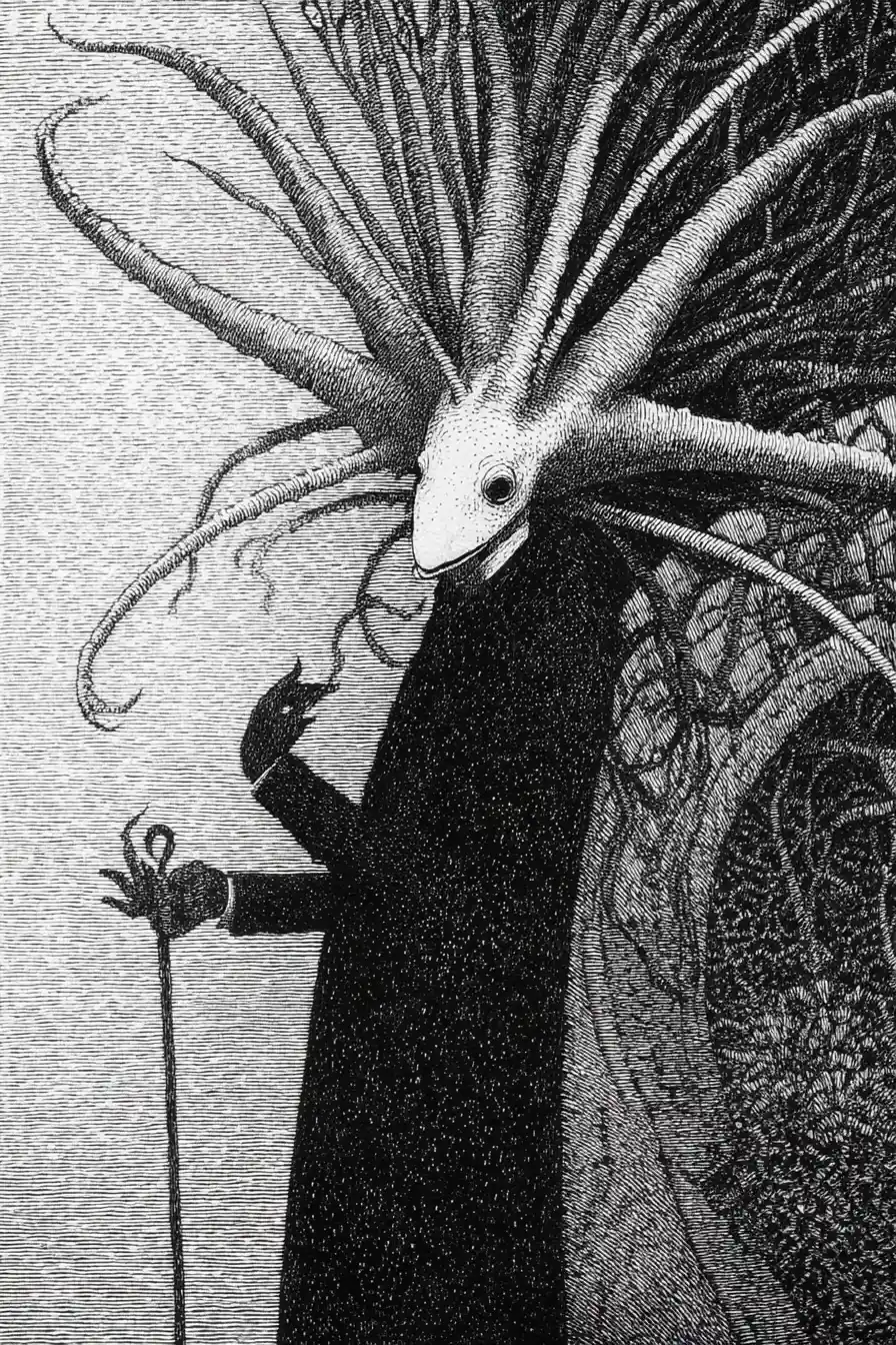 Surreal eerie scene in the style of Edward Gorey