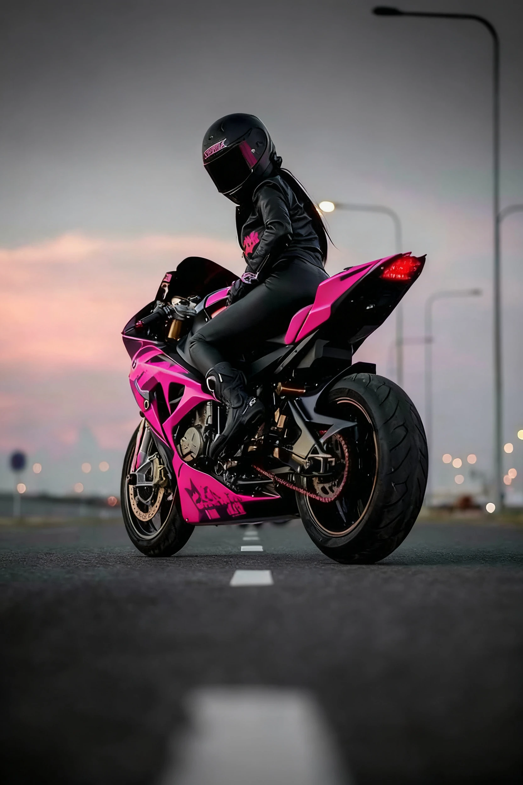 Motorcycle rider with bold pink graphics on bike and gear