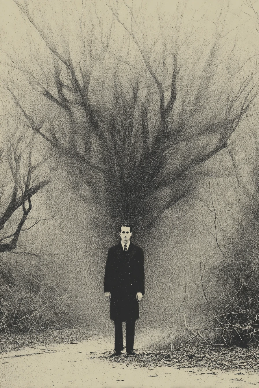 Surreal ink drawing of a dark and creepy fantasy world
