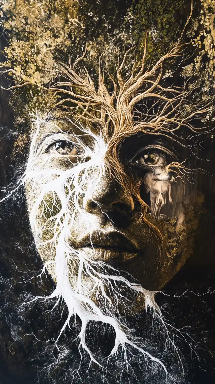 Surreal nature intelligence merging into hidden human portrait