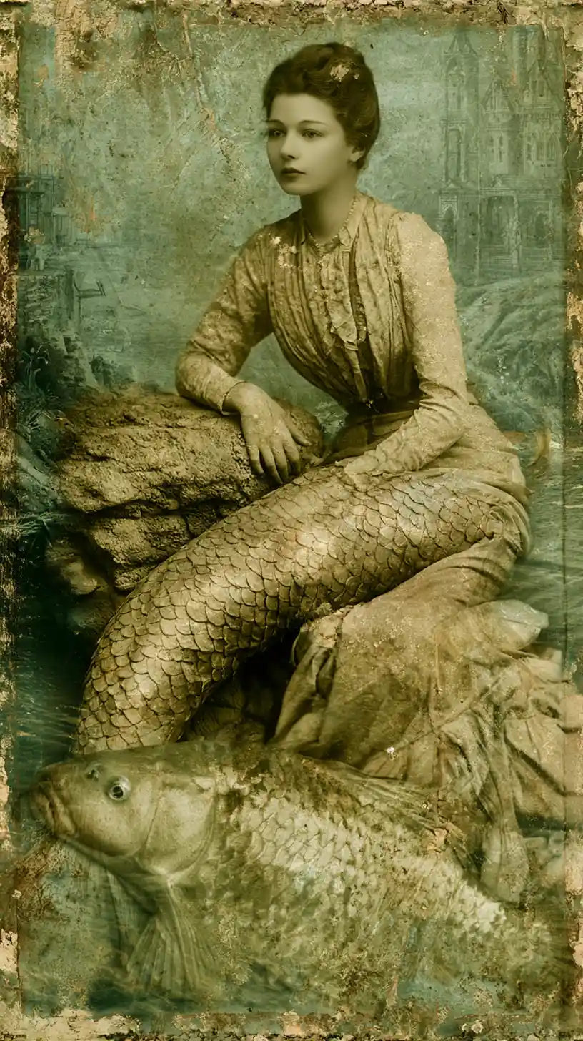 Surreal mermaid woman in a mysterious early twentieth century town