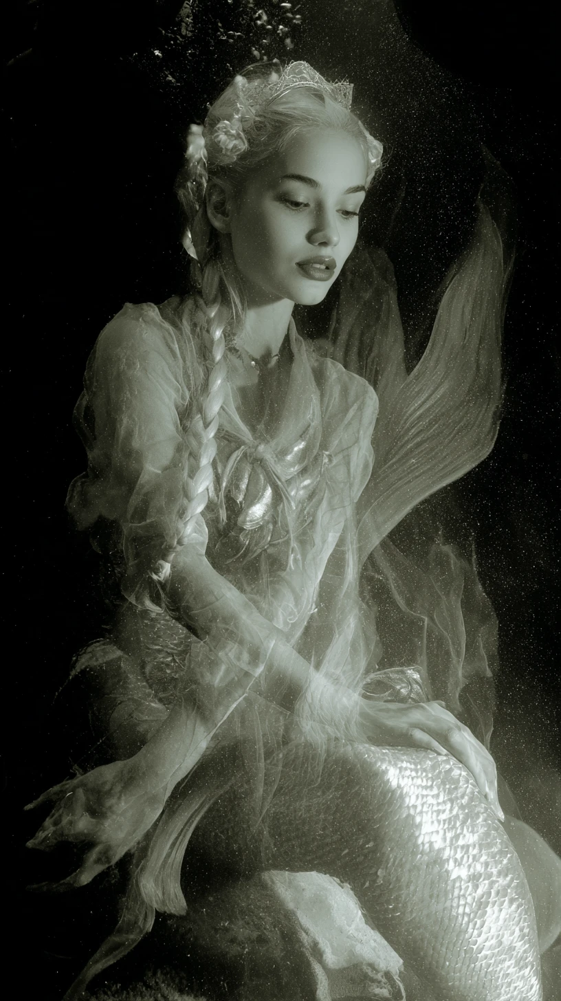 Eerie mermaid in a surreal dreamless underwater world