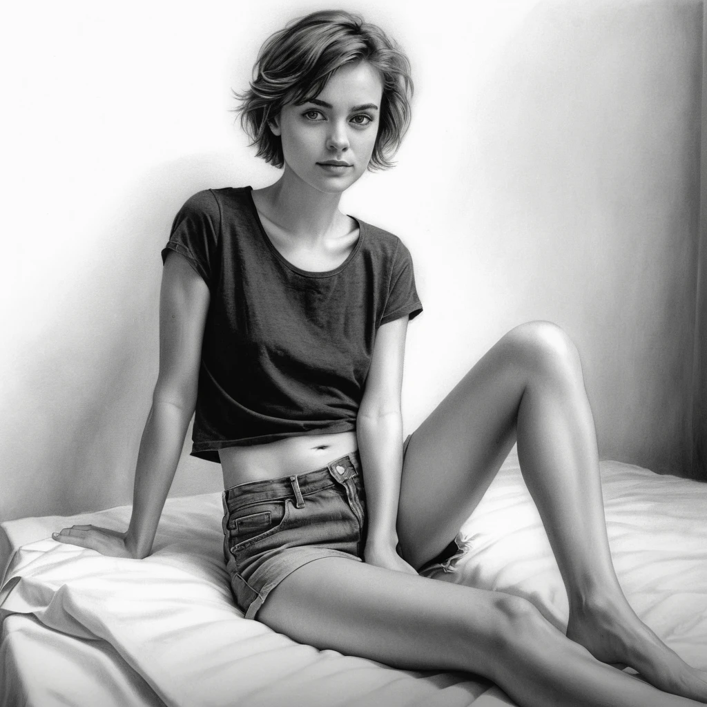 Charcoal sketch of a young woman reclining on a bed