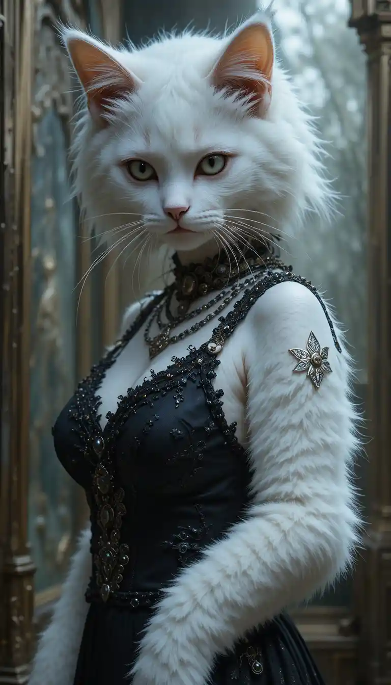 White fluffy cat in dark villain style at dusk
