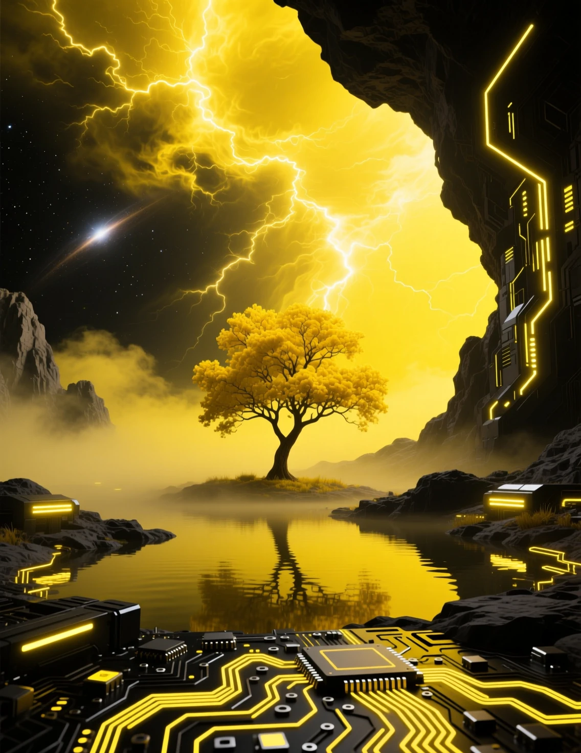 Futuristic sci fi landscape with yellow pond and sky