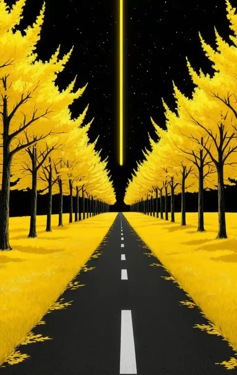 Futuristic autumn path beneath glowing yellow sci fi sky