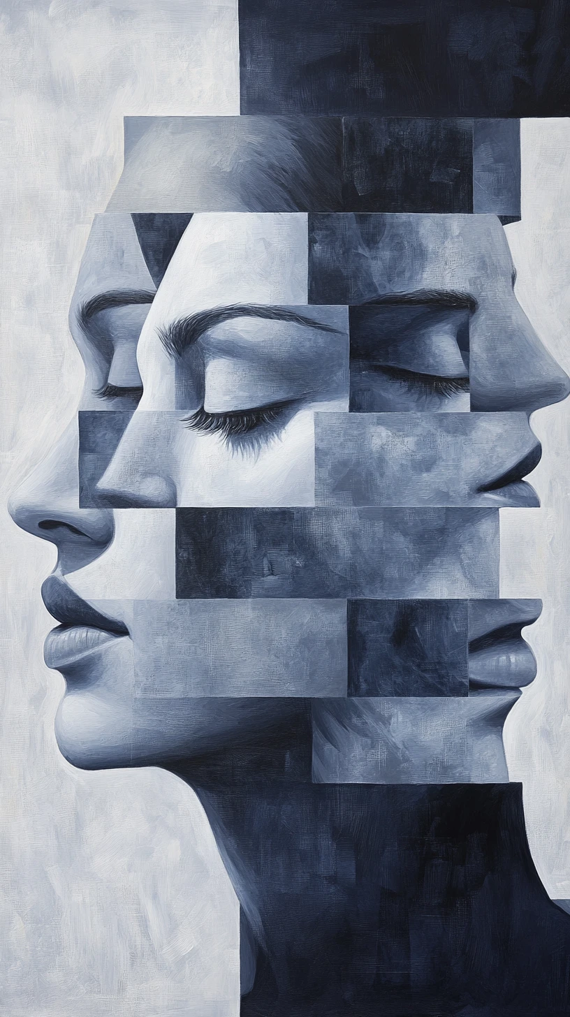 Layered human profiles emerging from analytical charts