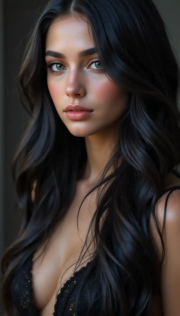 Close up portrait of a blue eyed woman with dark wavy hair
