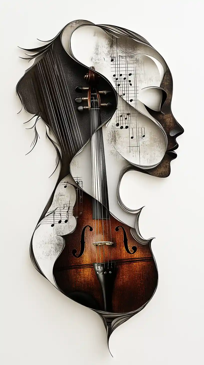 Surreal portrait formed from violins and piano key hair