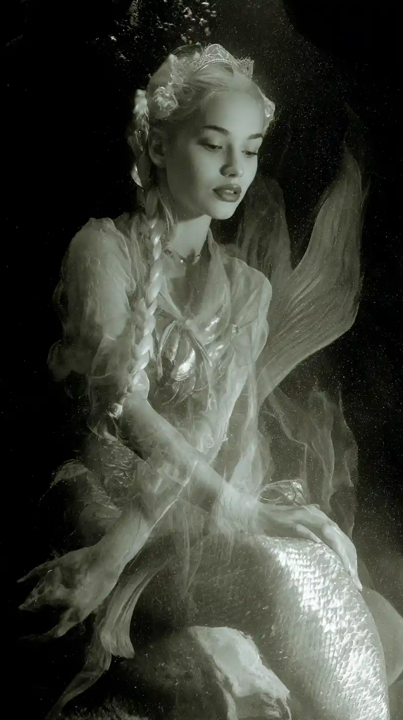 Eerie mermaid in a surreal dreamless underwater world