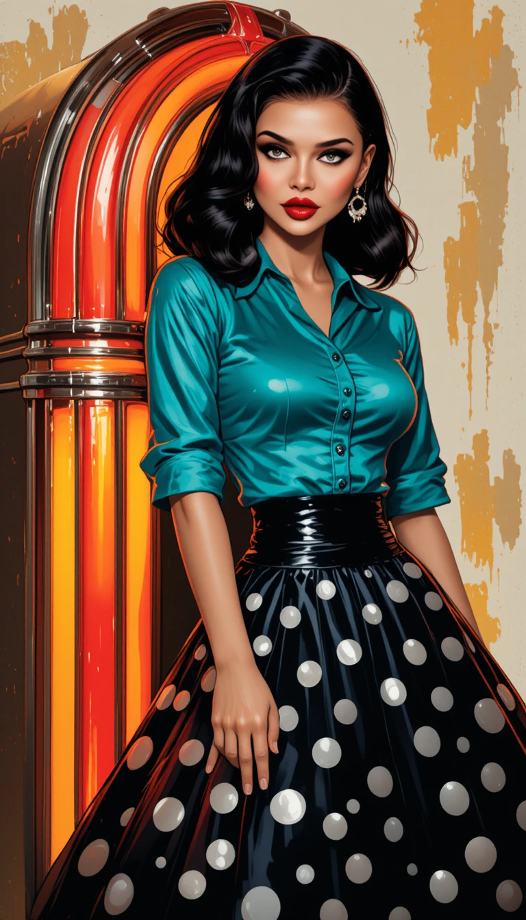 Playful vintage woman leaning against colorful jukebox
