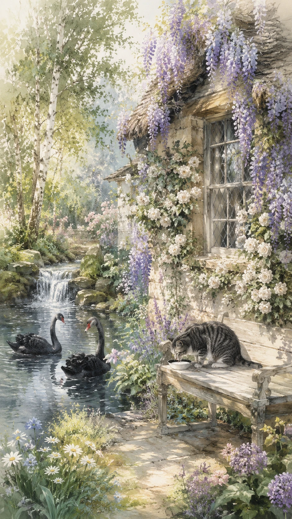 Close up of an old english cottage by a peaceful pond