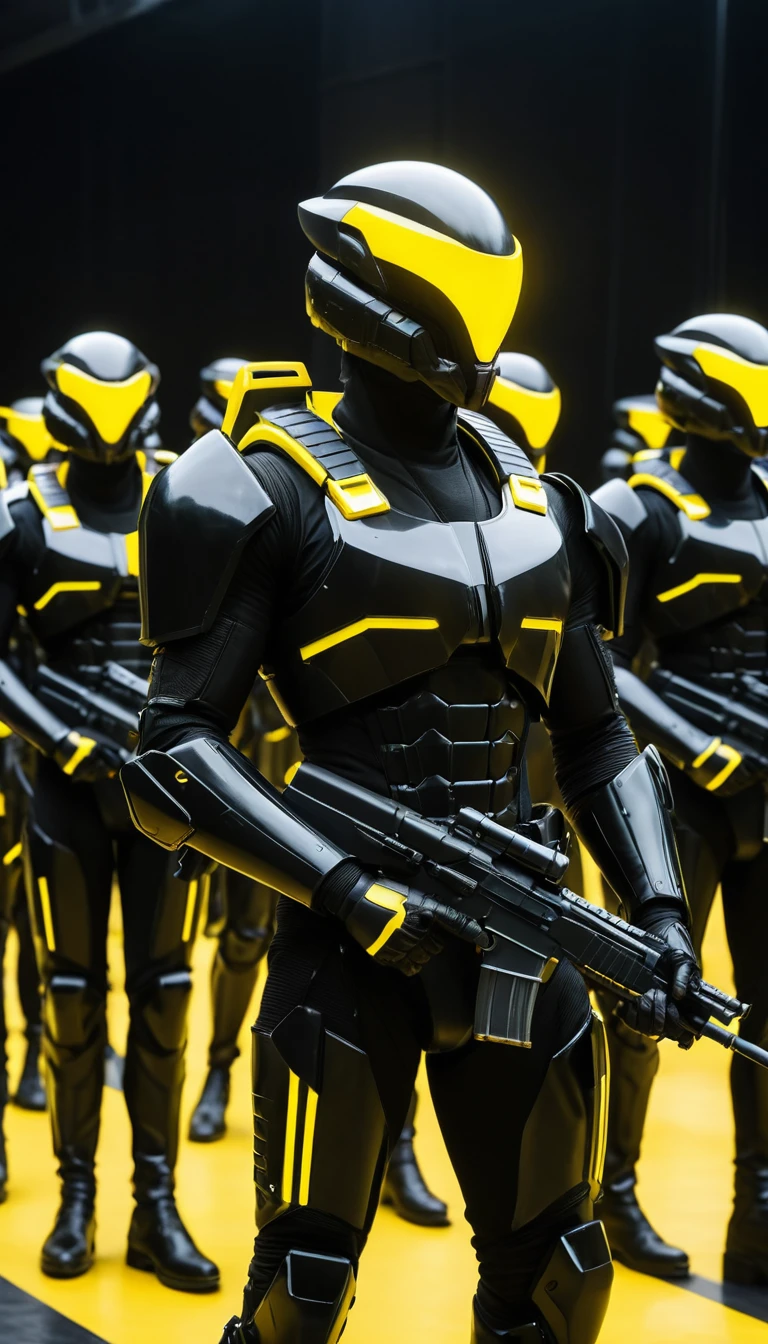 Futuristic soldiers firing energy rifles in deep space
