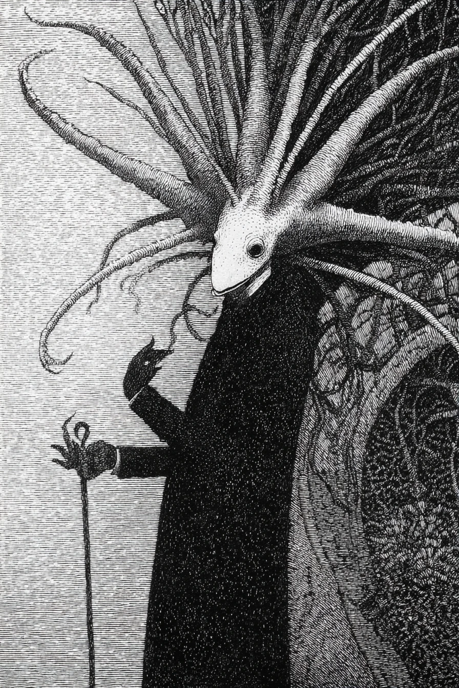 Surreal eerie scene in the style of Edward Gorey