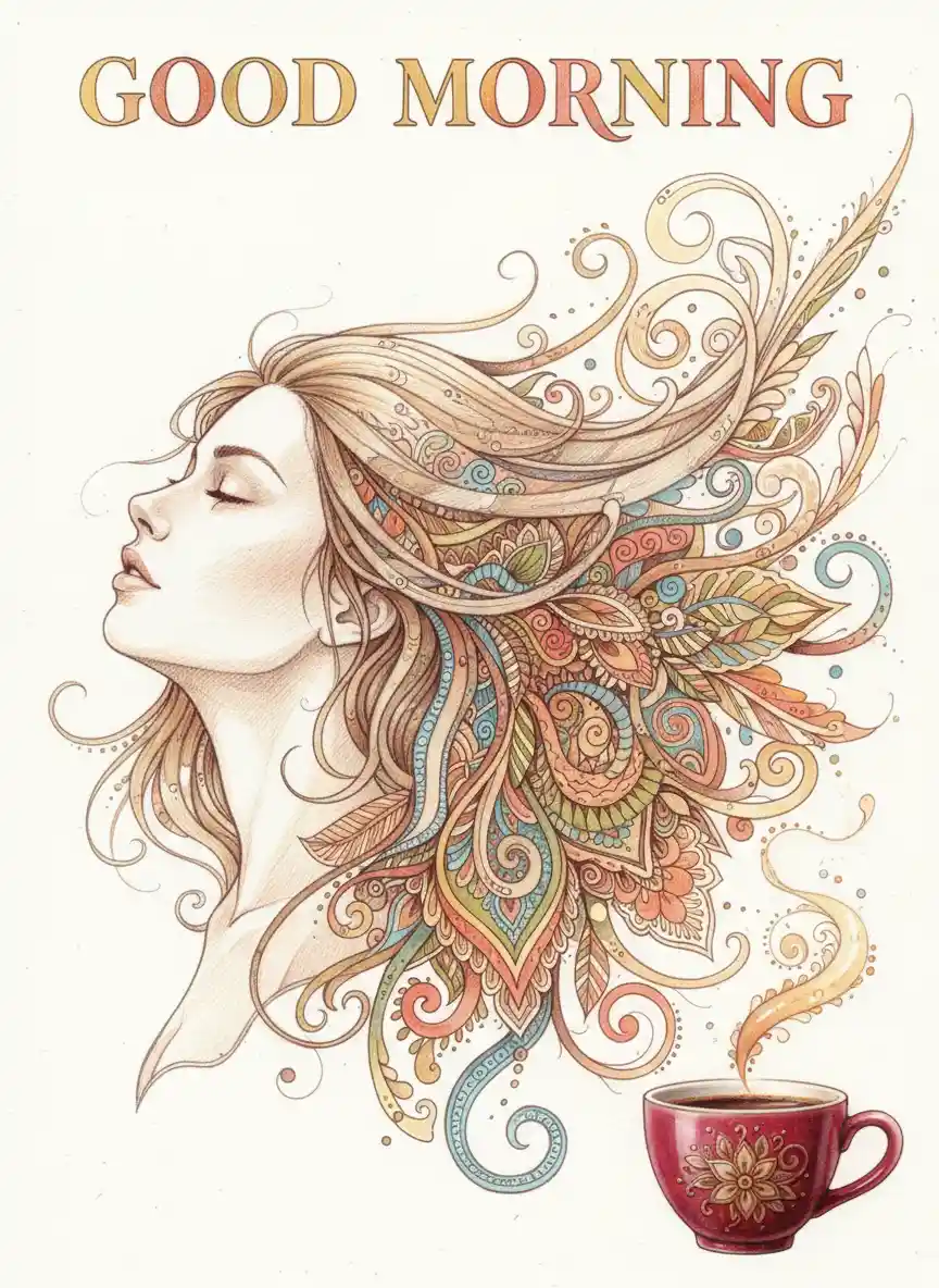 Young woman with flowing zentangle hair in sunrise calm