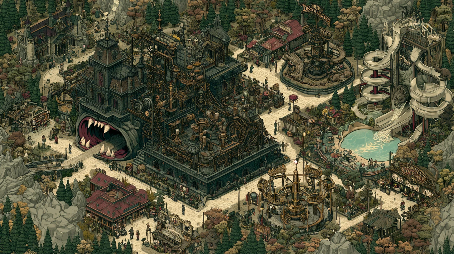 Steampunk Dracula Land Theme Park With Cinematic Monster Rides