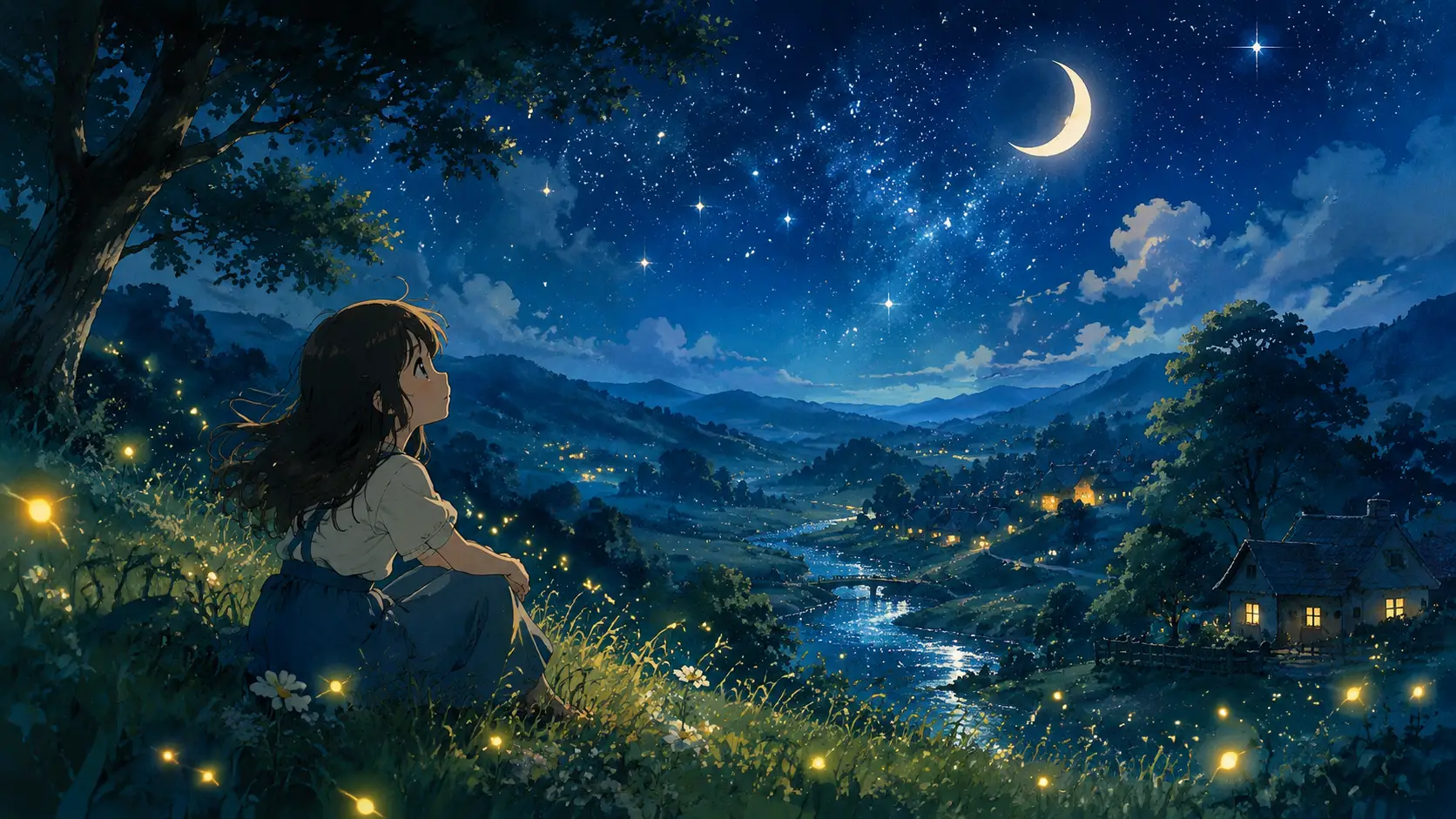 Anime girl under crescent moon on peaceful grassy hillside