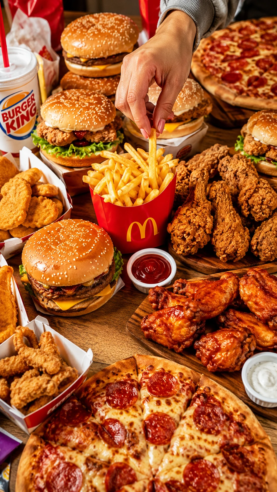 Colorful assortment of fast food favorites on a table