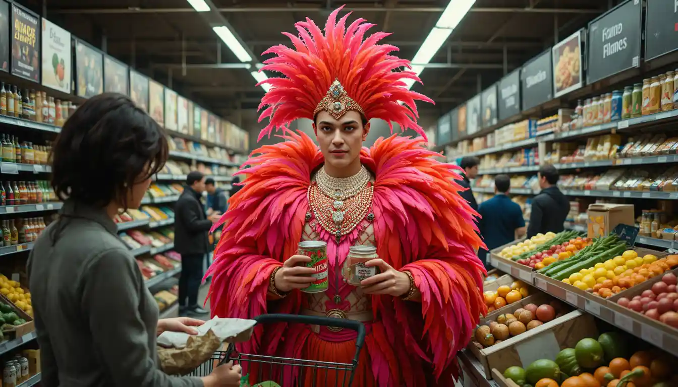 Man in feathered costume shopping in a supermarket aisle