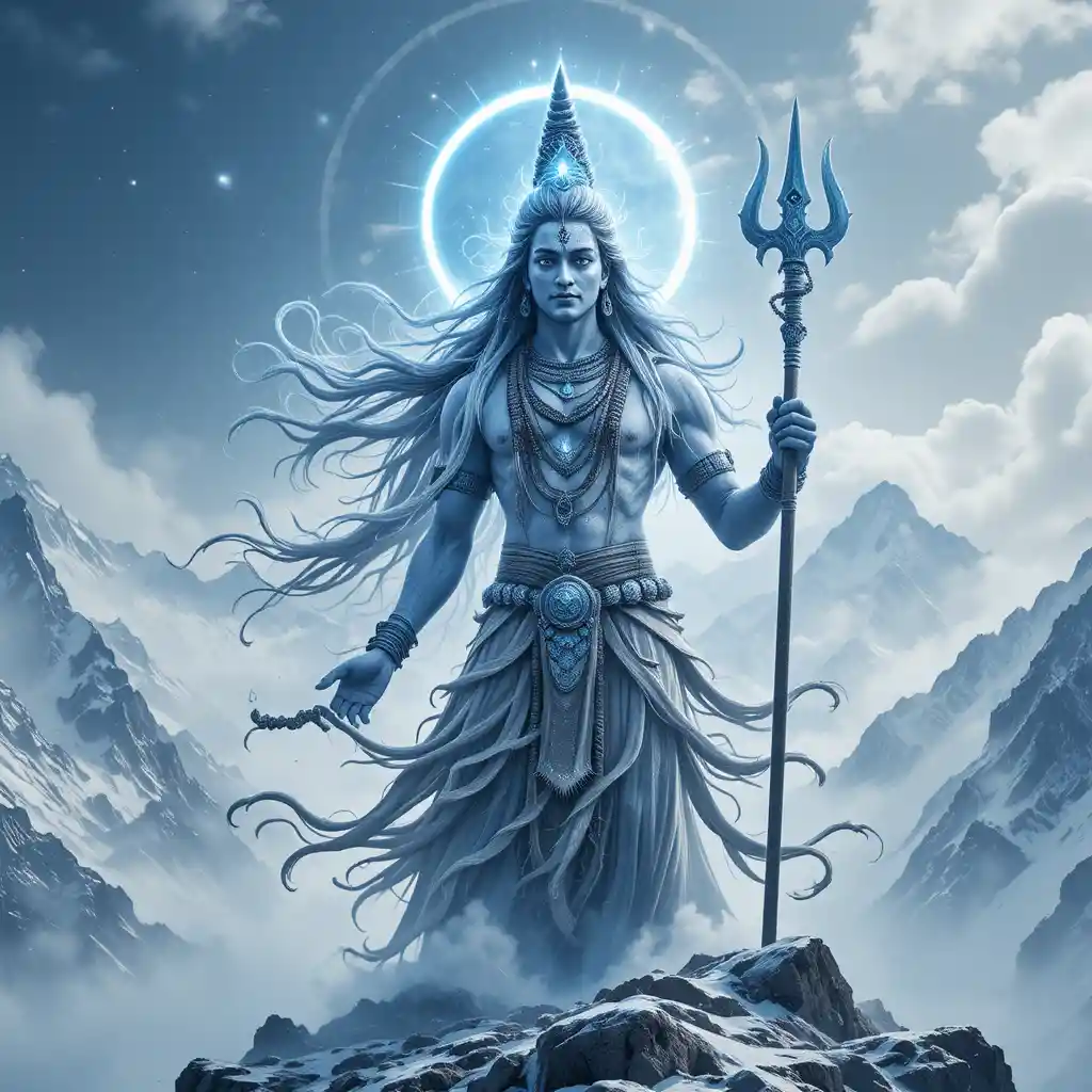 Divine figure standing on snowy mountaintop with trident