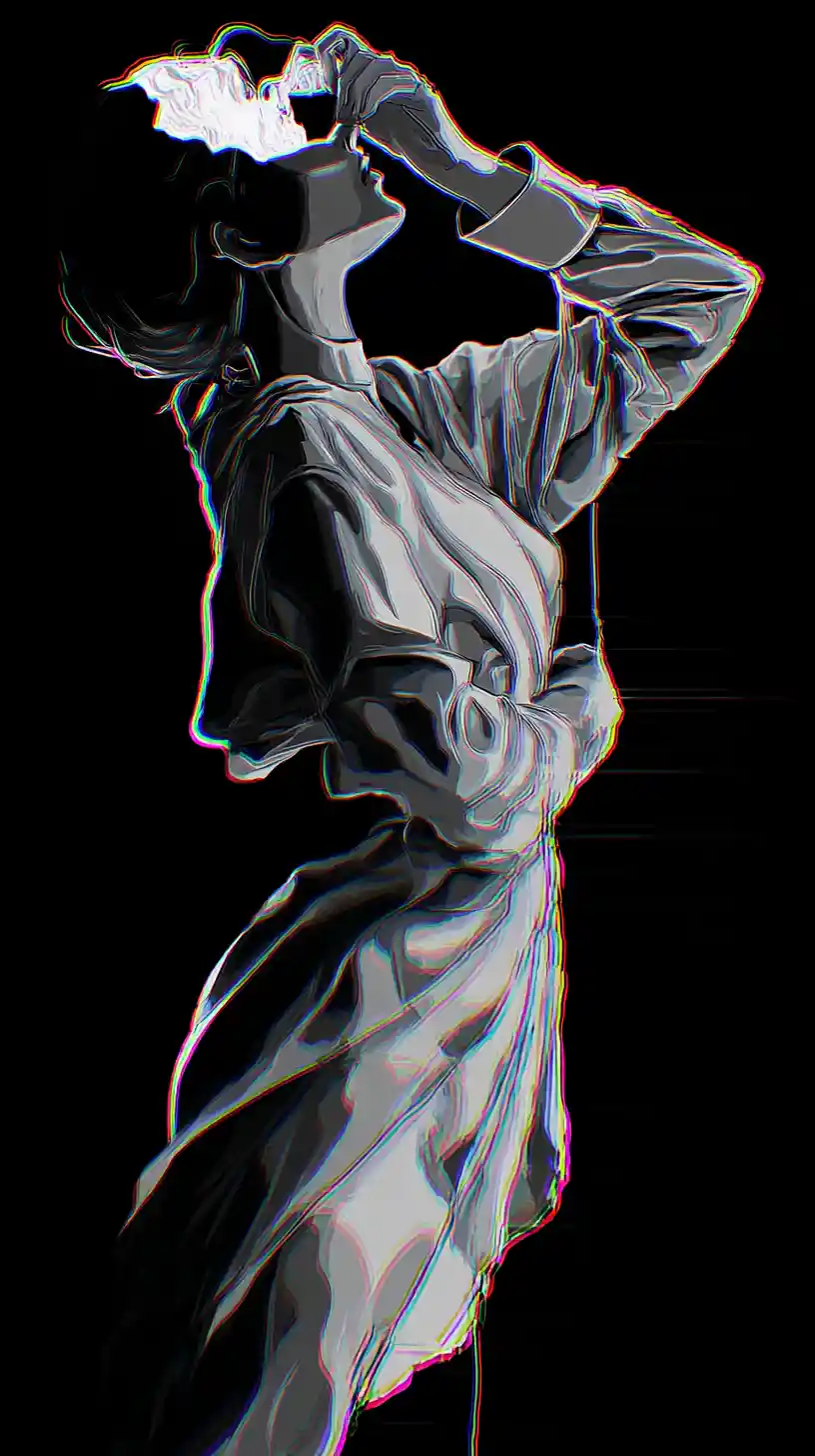 Surreal woman emerging through a glowing rift in reality