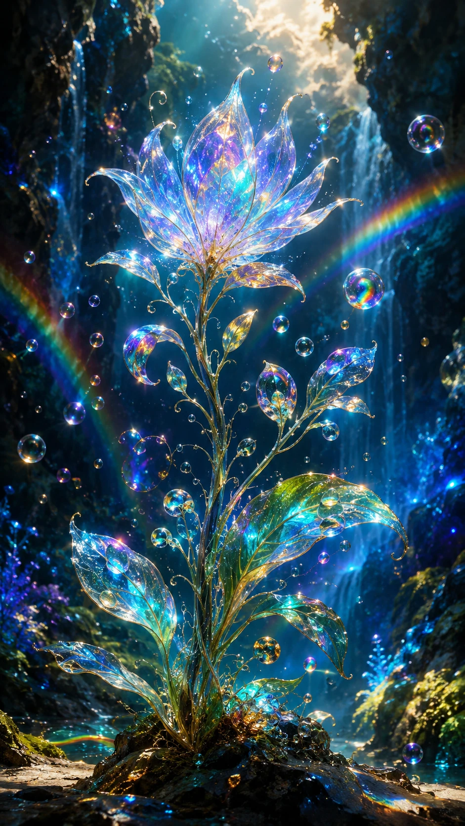 Bioluminescent Fantasy Plant With Shimmering Bubbles And Rainbows