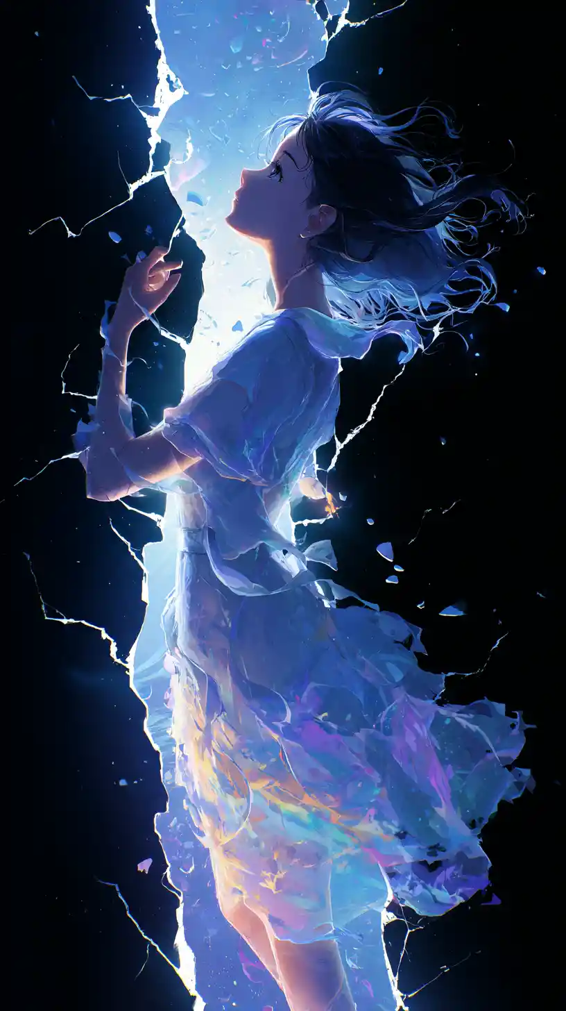 Ethereal woman emerging through a glowing tear in reality