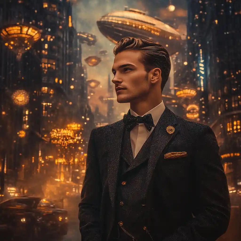 Gentleman walking through a golden retro futuristic city
