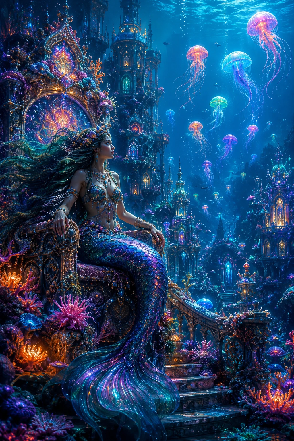 Mystical underwater castle with a mermaid on the throne