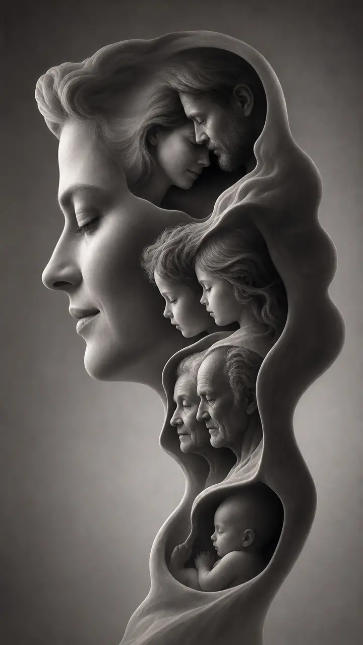 Symbolic family portrait of nested human silhouettes