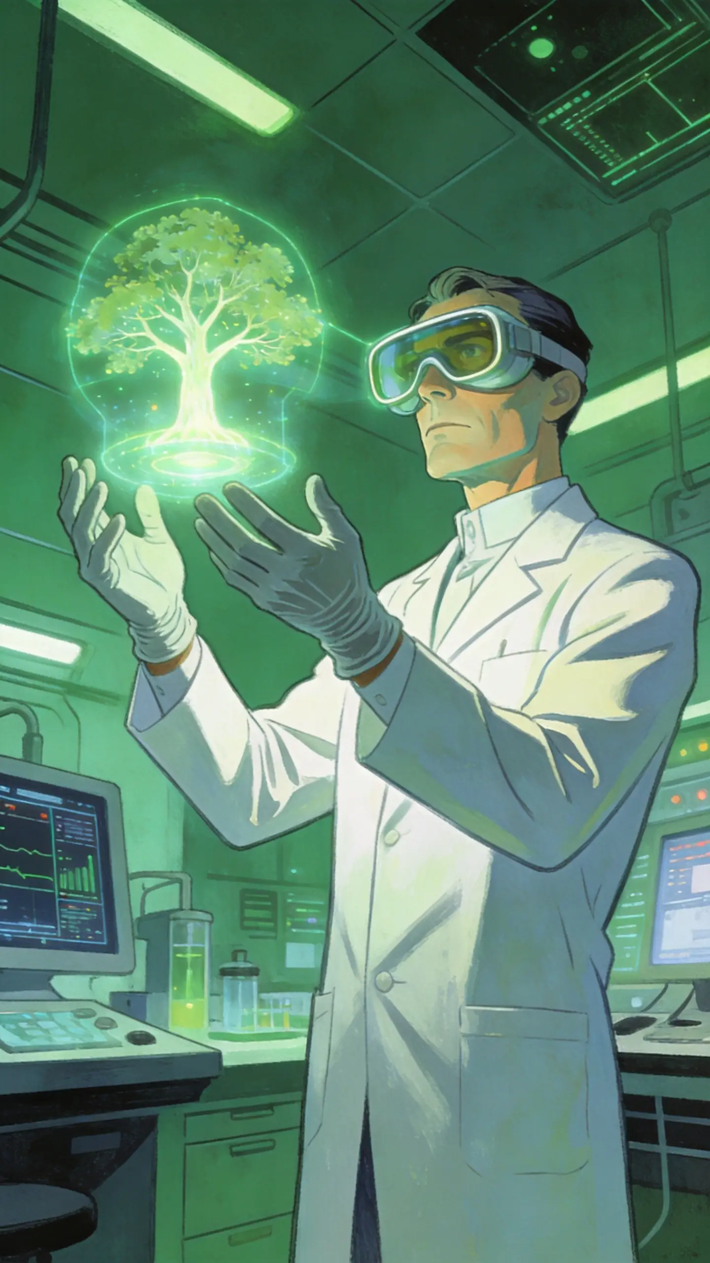 Scienziato malinconico con albero olografico in laboratorio futuristico