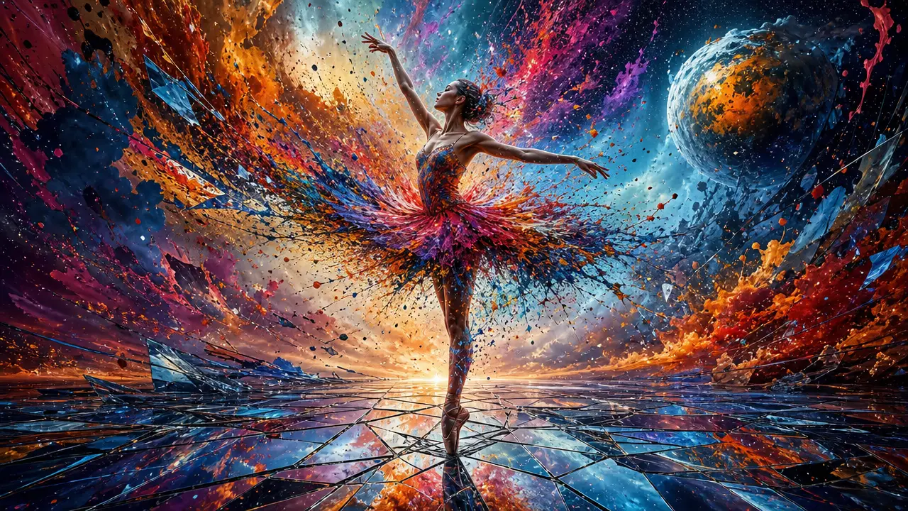 Surreal ballerina dissolving into color on mirrored stage