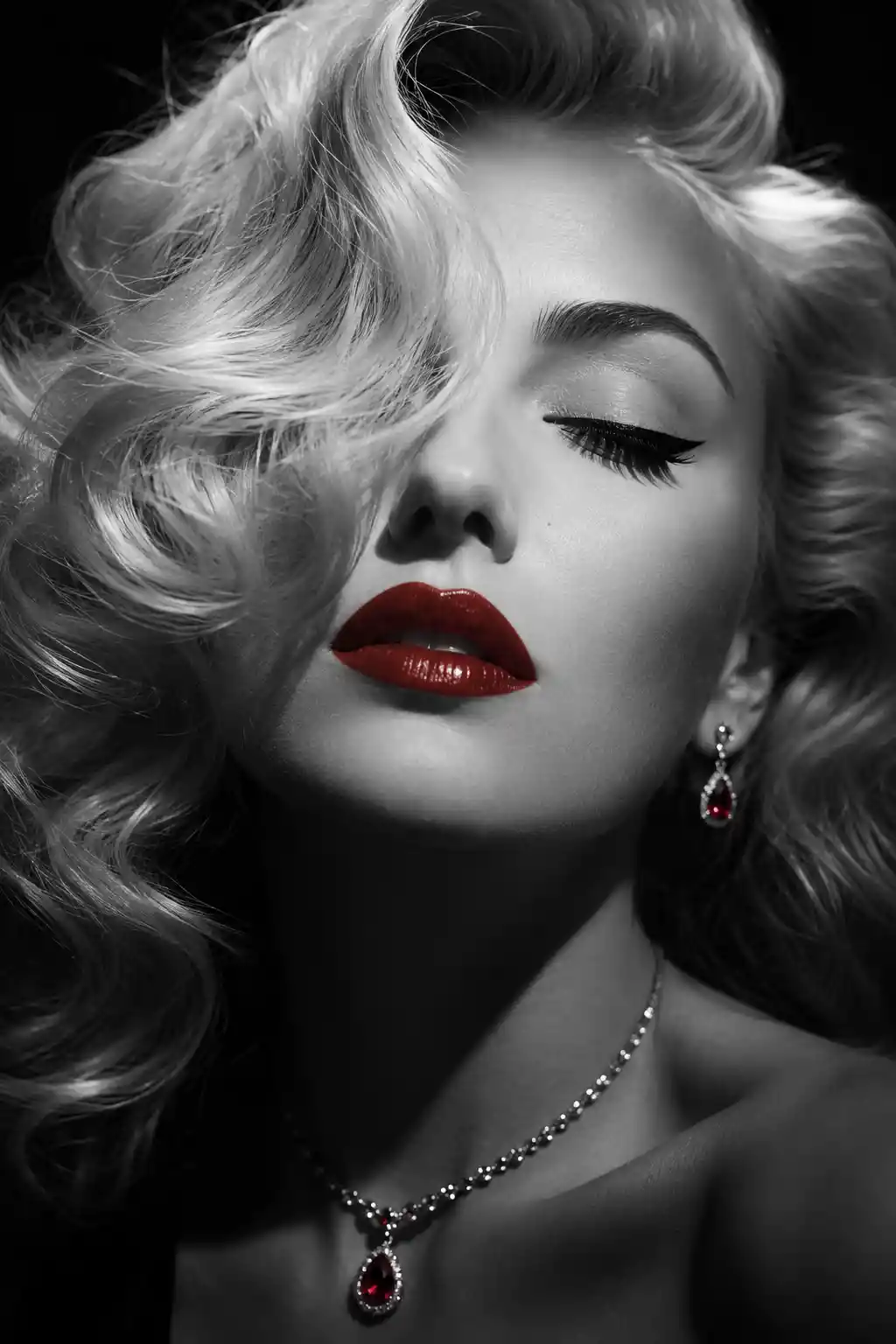 Monochrome close up portrait of a woman with red lips