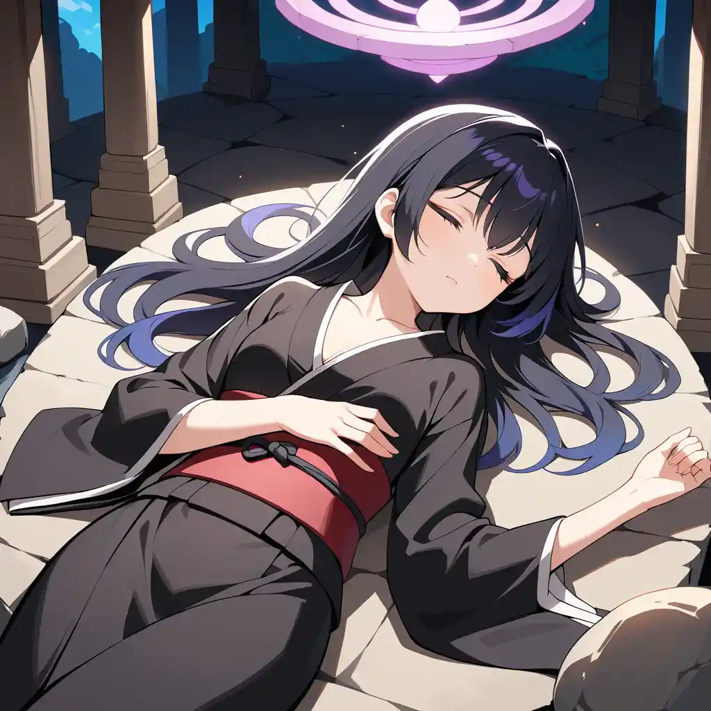 Anime woman sleeping in a stone temple on an altar