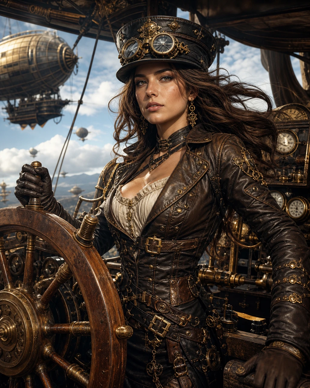Capitana de dirigible steampunk con gafas en el timón