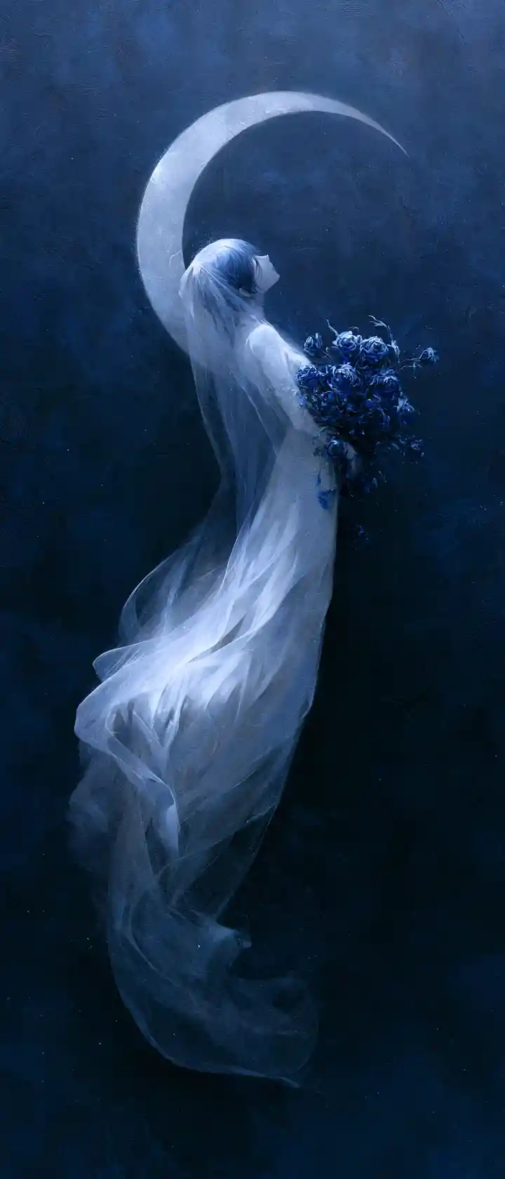 Floating anime bride in a dark indigo surreal void
