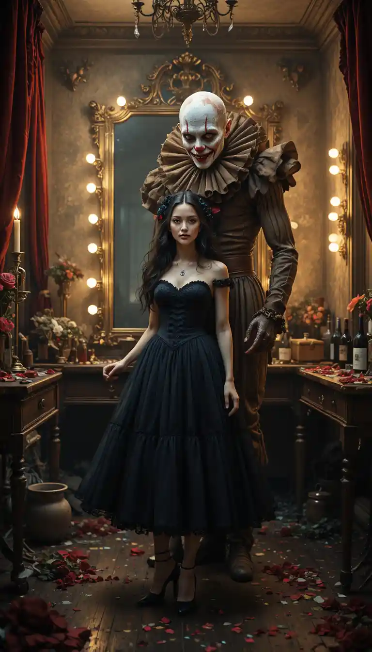 Gothic ballerina and monstrous clown in decaying dressing room
