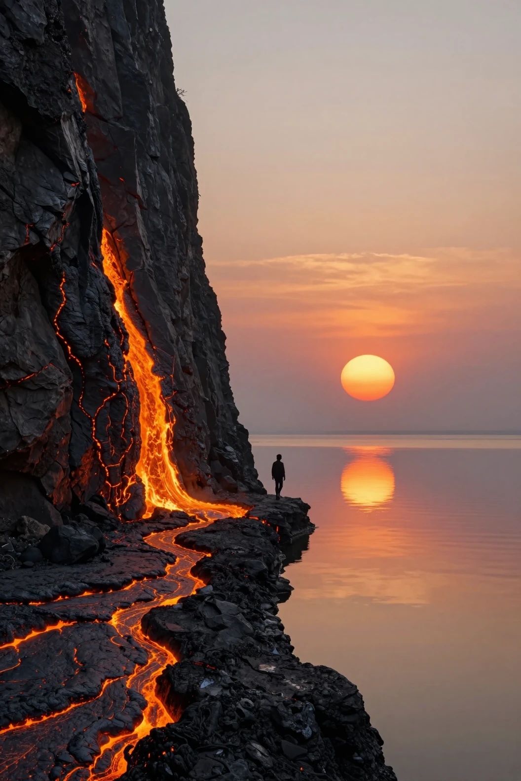 Surreal split world of lava cliffs and tranquil sunset sea