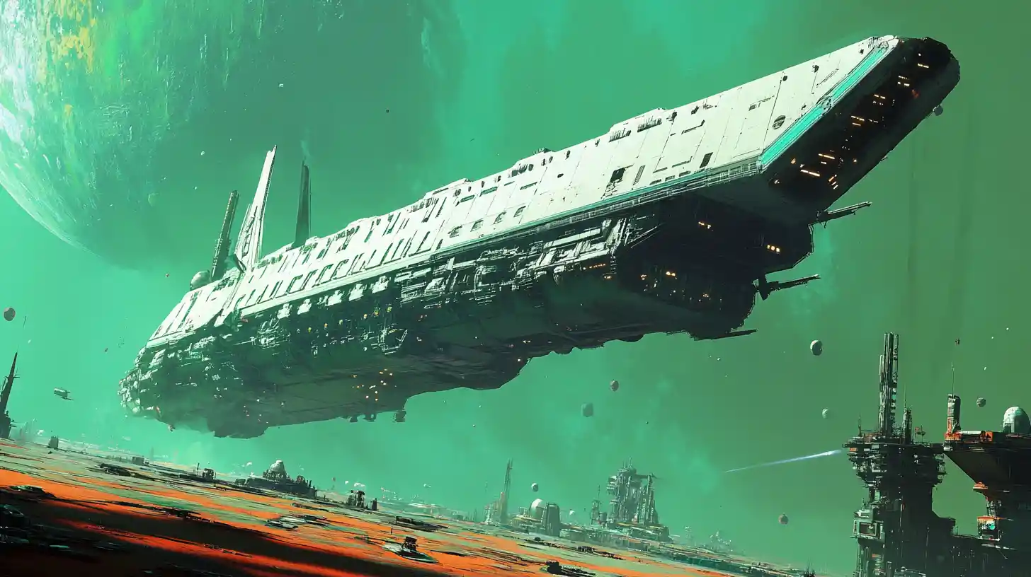 Colossal deep space transport ship landing at a spaceport