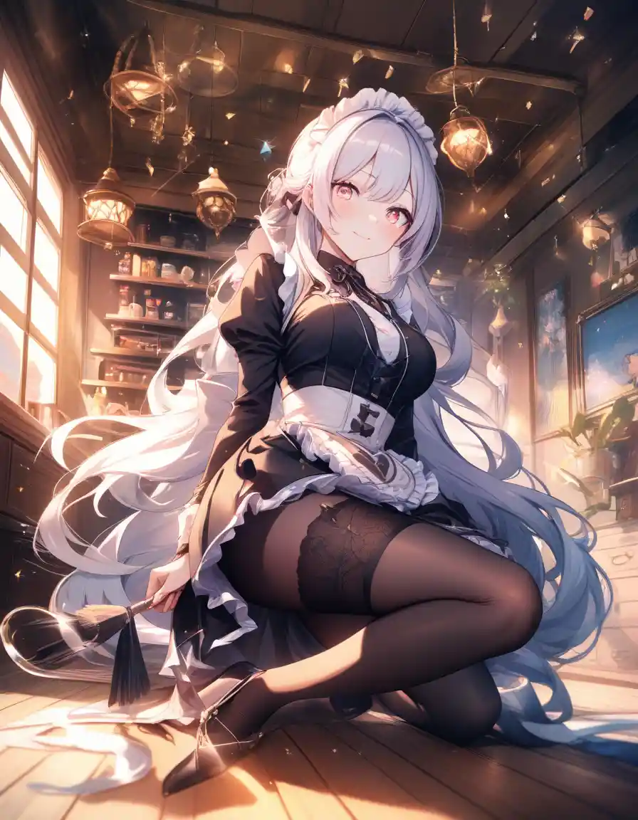 Elegant anime maid kneeling to clean a shining floor