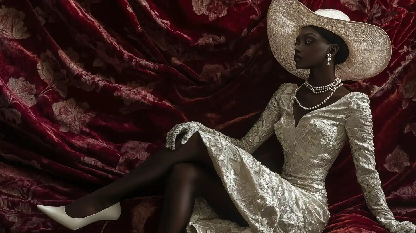 Elegant woman in pearl fashion against burgundy velvet backdrop