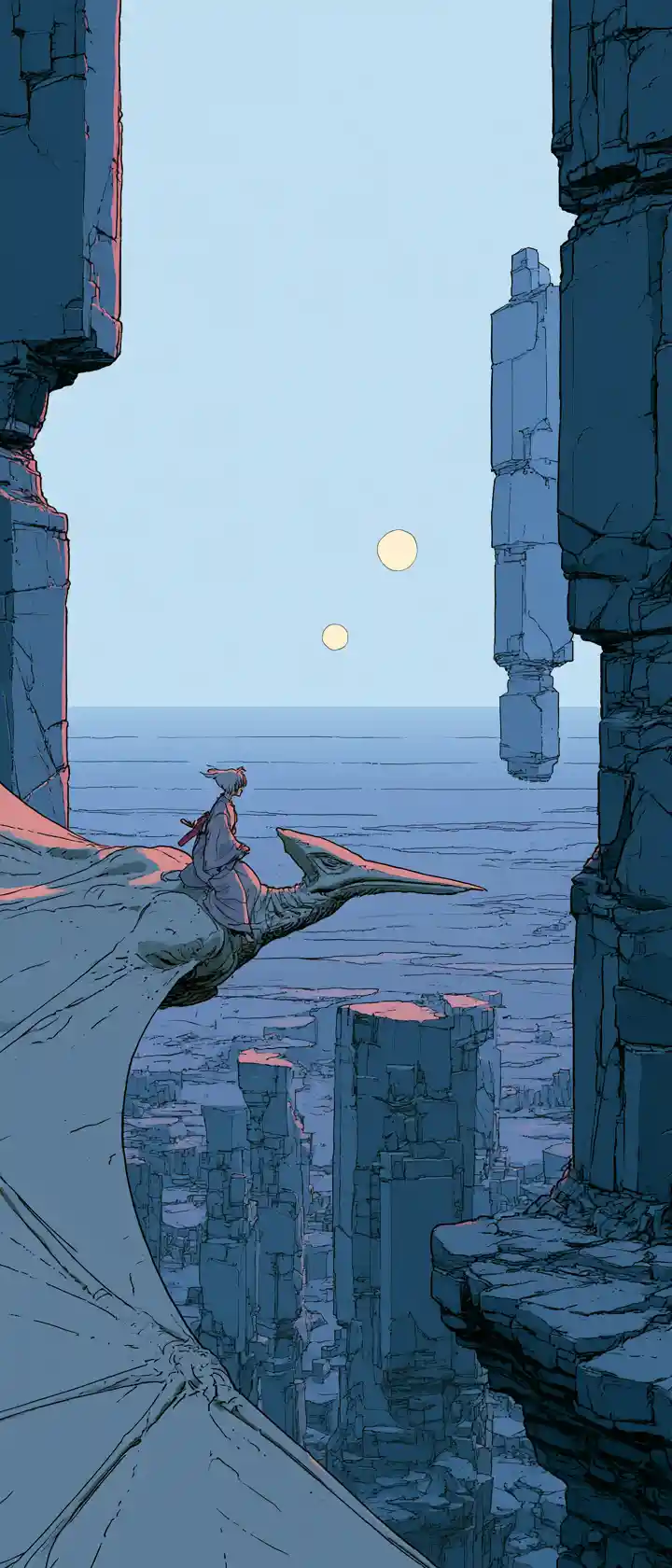Anime rider on giant creature in surreal fantasy canyon